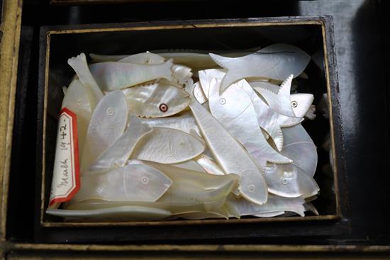 A Chinese export lacquer counter box with sixty six mother of pearl fish bezique markers